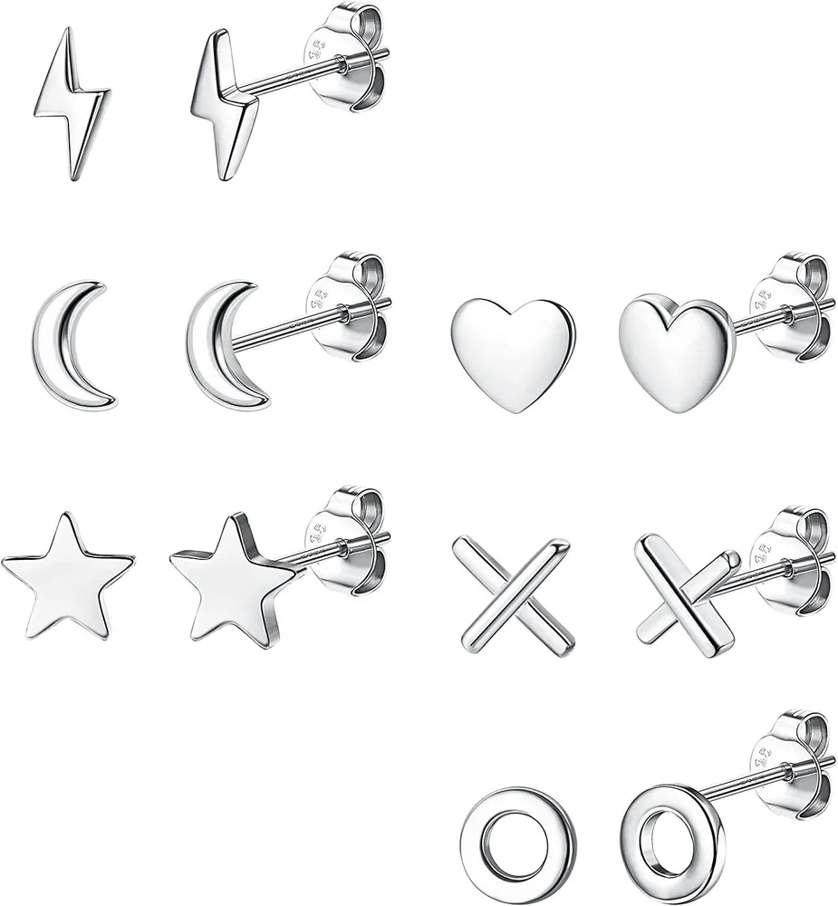 6Pairs 20G 925 Sterling Silver Stud Earrings for Women Men Cross Circle(XO) Moon Star Heart Lightning Hypoallergenic Cartilage Helix Ear Piercing Jewelry - Grocery