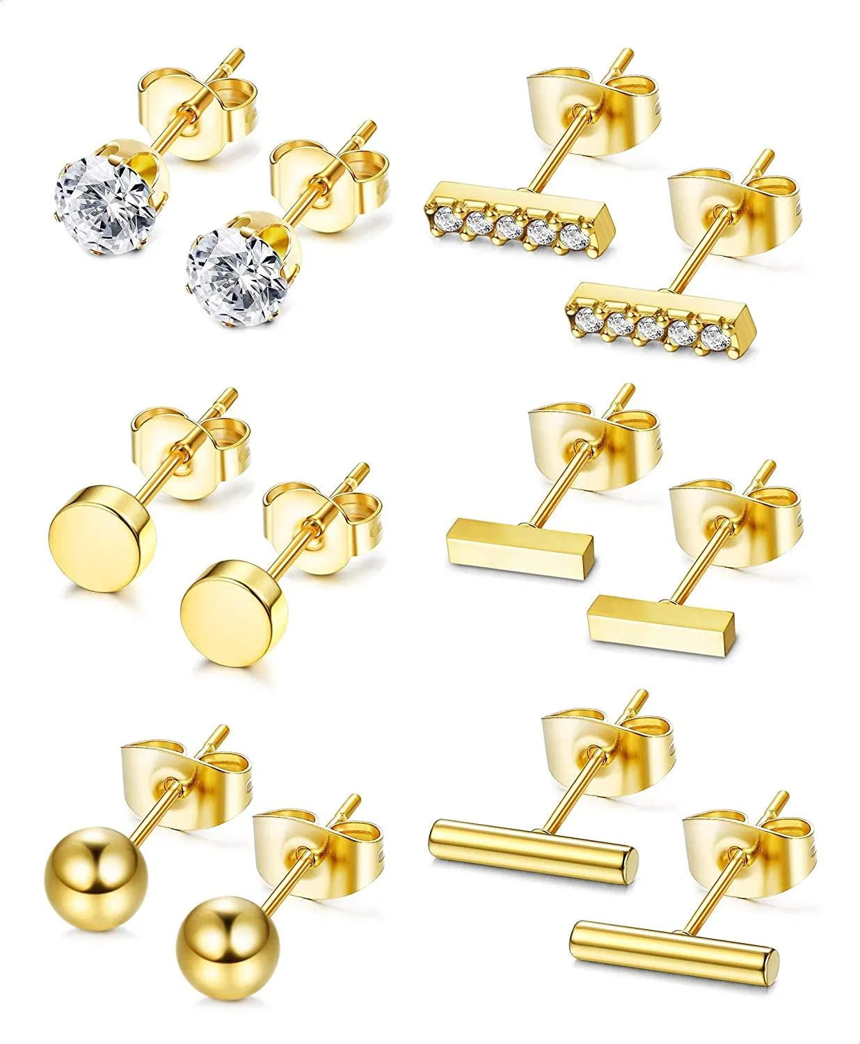 6 Pairs Stud Earrings for Women Stainless Disc Ball CZ Bar Earrings Sets - Grocery
