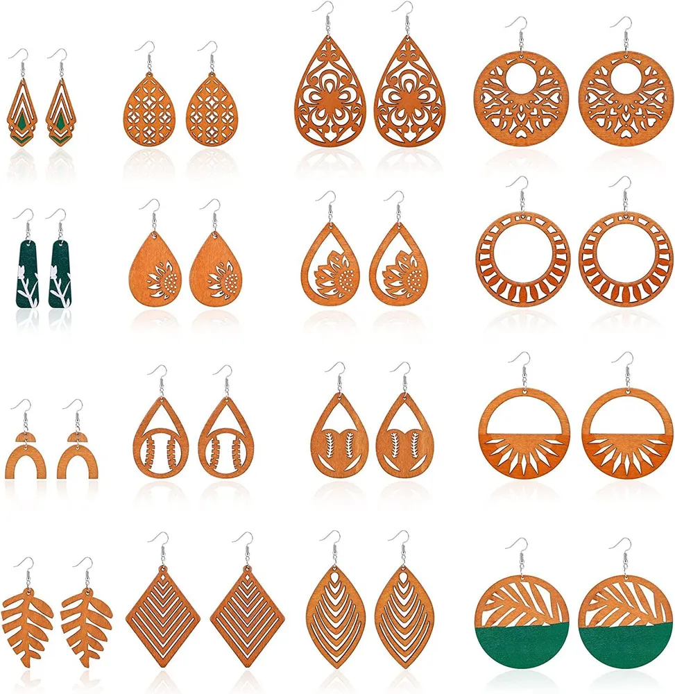 16 Pairs Wooden Dangle Earrings for Women African Earrings Natural Wood Teardrop Earrings Ethnic Statement Lightweight Pendant Drop Earrings - Grocery