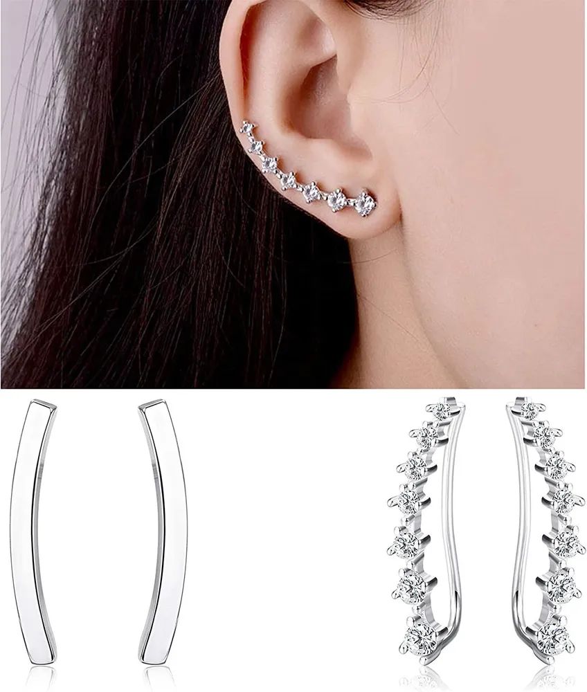 2Pairs Sterling Silver Ear Crawler Earrings for Women Cubic Zirconia Ear Wraps Leaf Climber Earrings Fashion Ear Jackets - Grocery