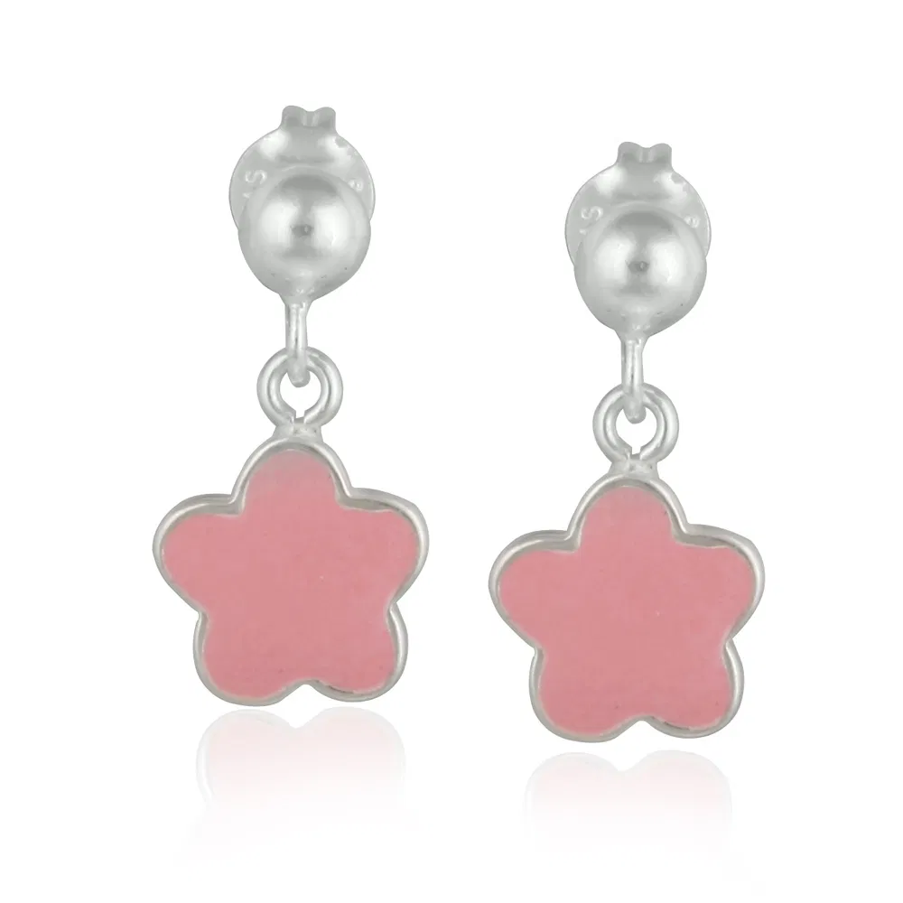 Sterling Silver Pink Enamel Flower Dangle Earrings - Grocery