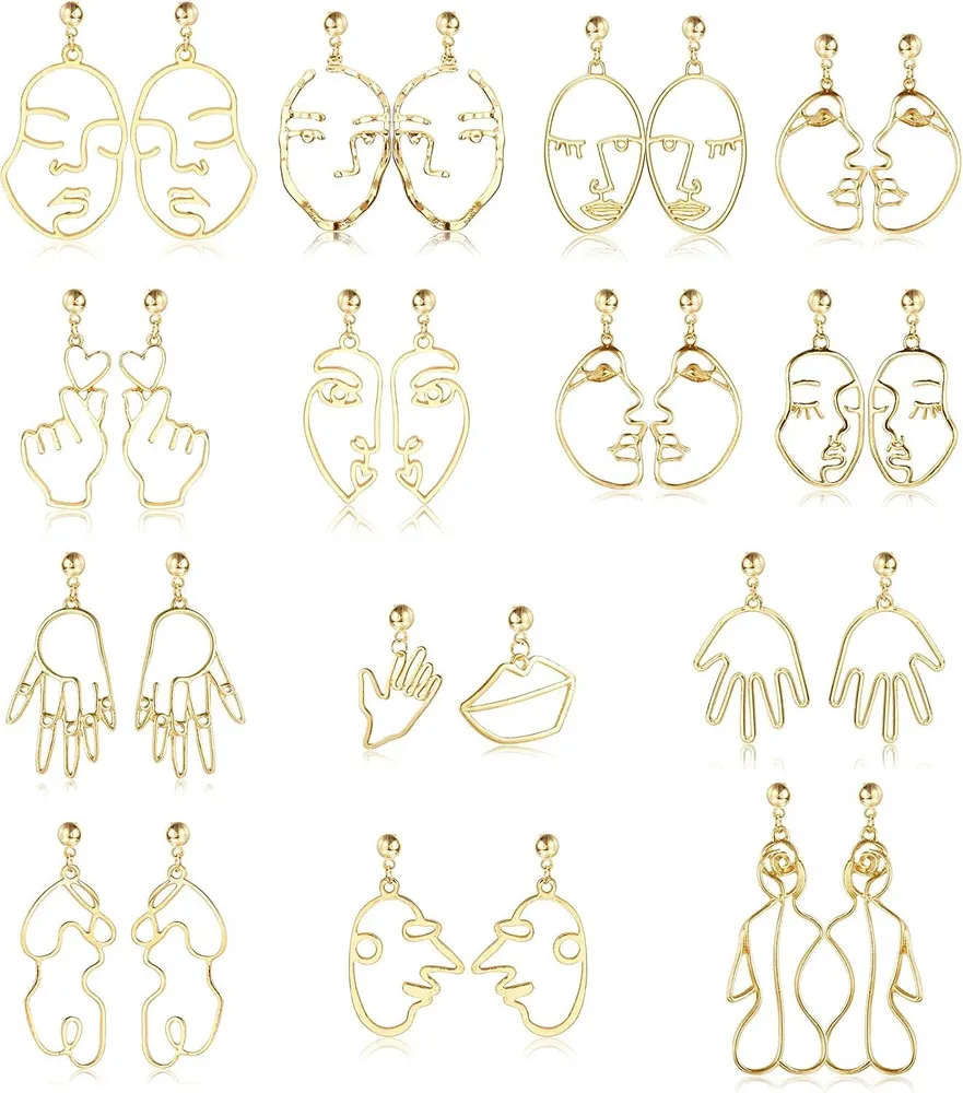 14 Pairs Face Earrings for Women Egirl Hollow Abstract Art Earring with Weird Face Hand Abstract Art Design - Grocery
