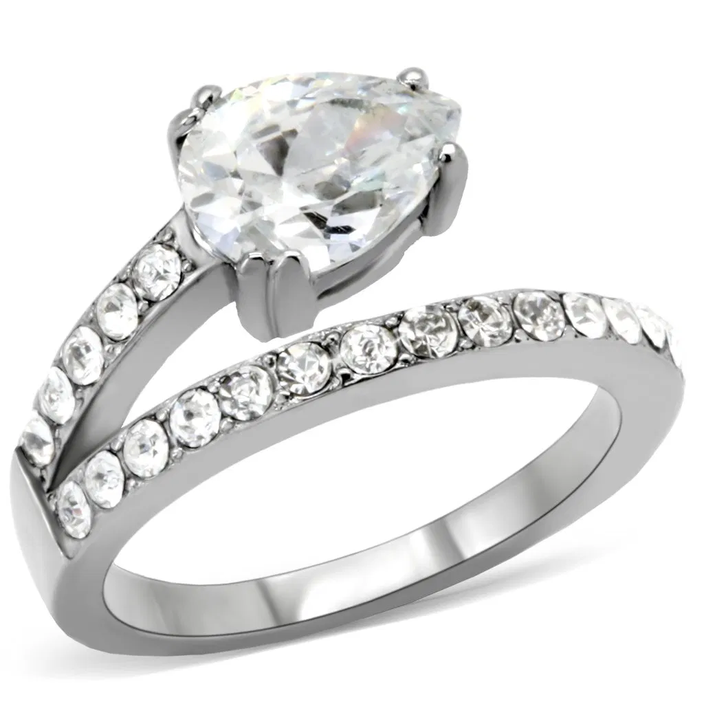 TK166 - High polished (no plating) Stainless Steel Ring with AAA Grade CZ in Clear - Grocery