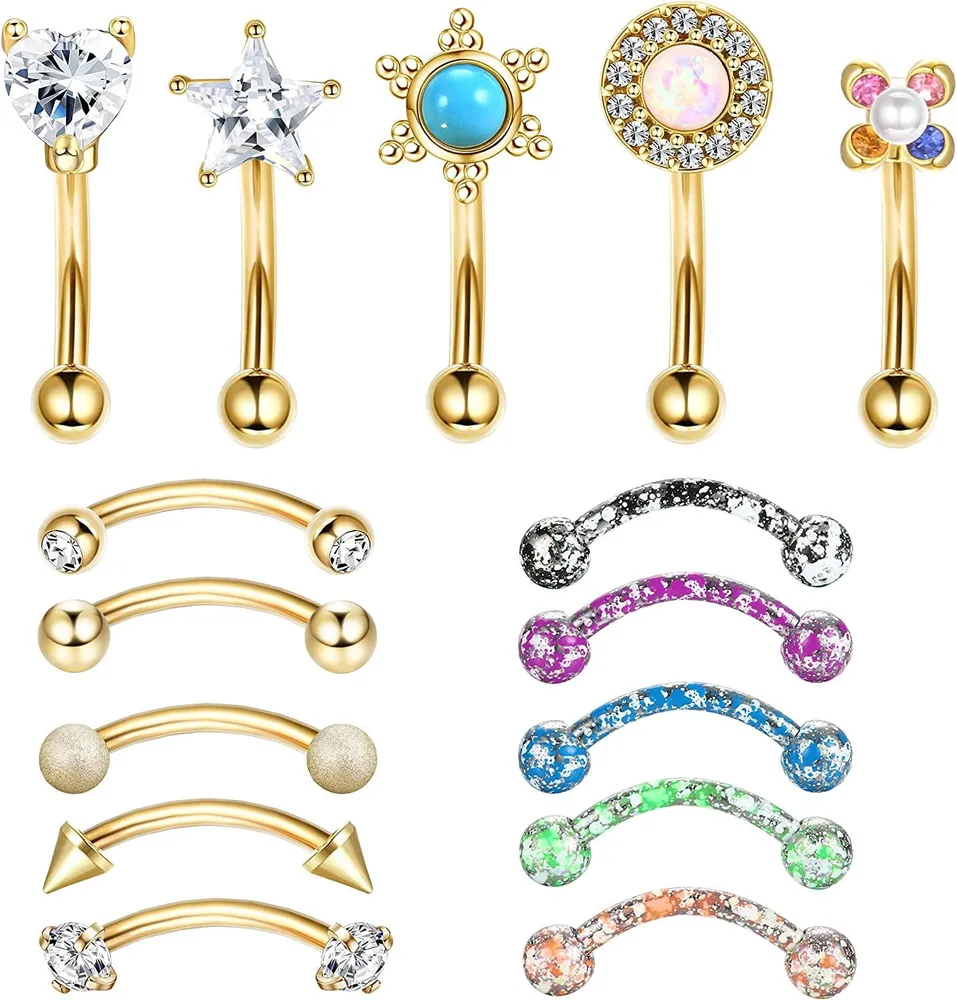 15Pcs 16G Eyebrow Rings for Women Rook Daith Piercing Stainless Belly Lip Ring Cartilage Tragus CZ Body Piercing Curved Barbell Eyebrow Rings - Grocery