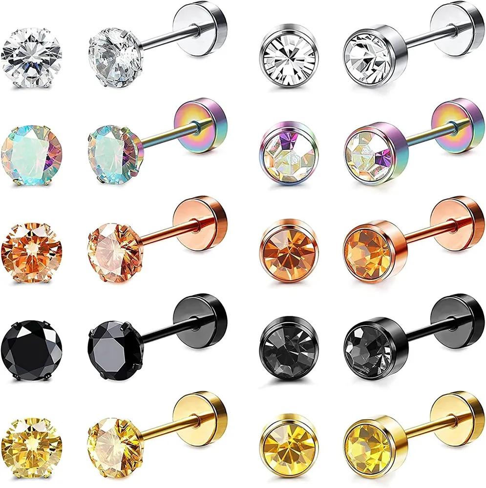 10 Pairs 18G Stainless Tragus CZ Stud Earrings Screw Flat Back Earrings for Cartilage Ear Pirecing Set For Women Men Set - Grocery