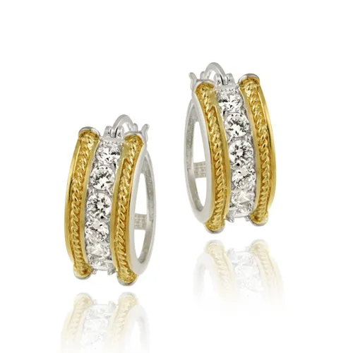 Sterling Silver & Gold over Silver Two Tone CZ Cable Hoop Earrings - Grocery