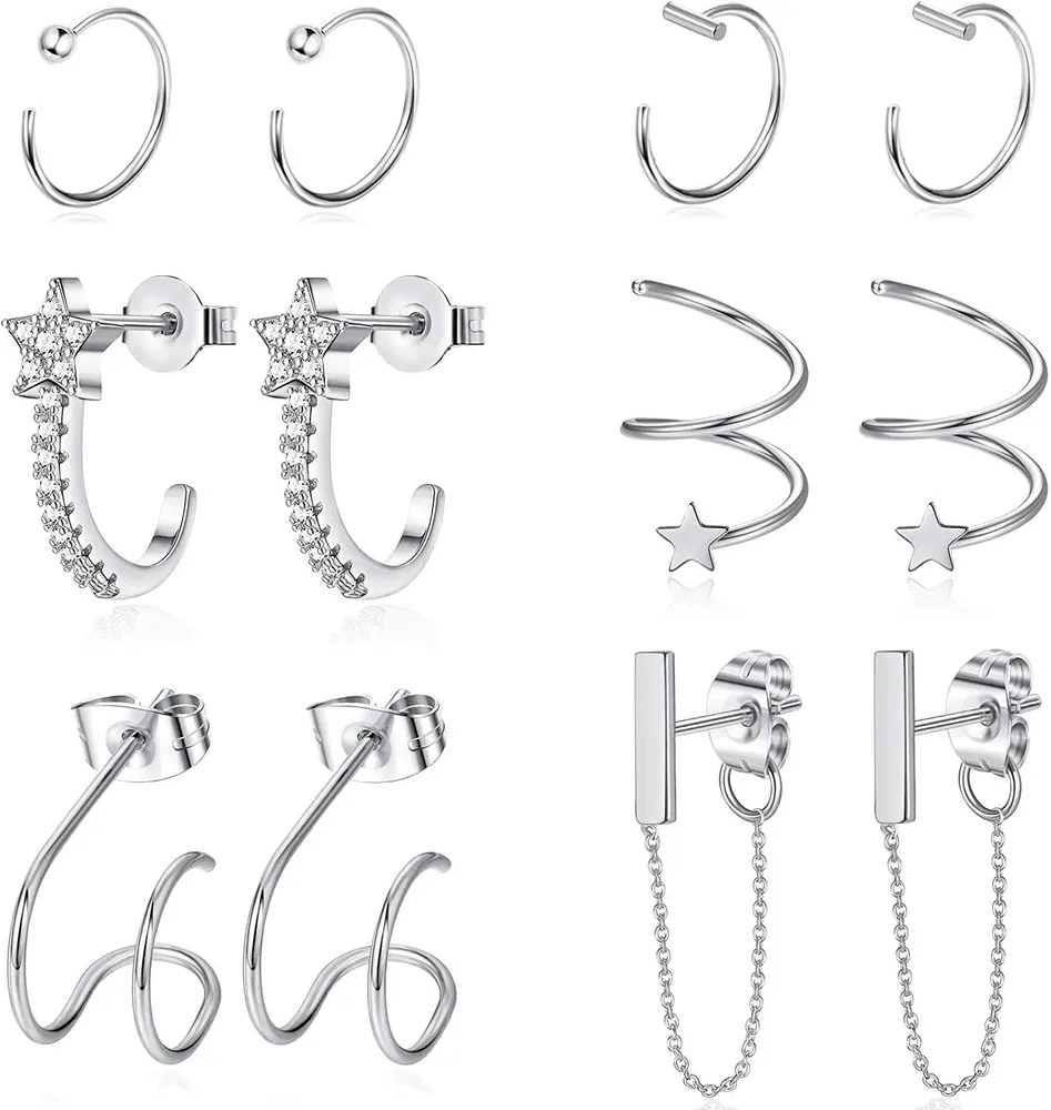 6Pairs Huggie Half Hoop Stud Earrings Stainless Cartilage Chain Earrings Set For Women Helix Ear Piercing - Grocery