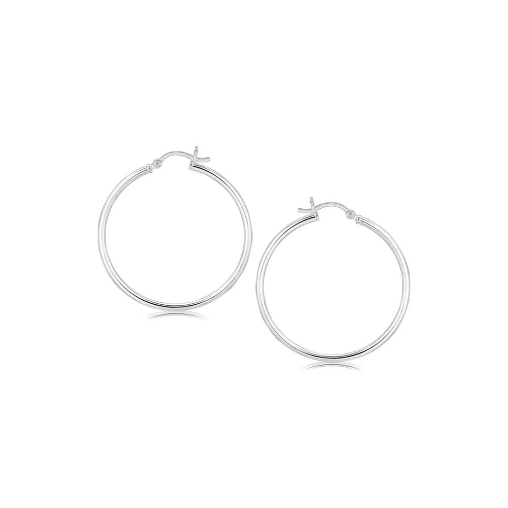 Sterling Silver Rhodium Plated Thin and Polished Hoop Style Earrings (2x35mm) - Grocery