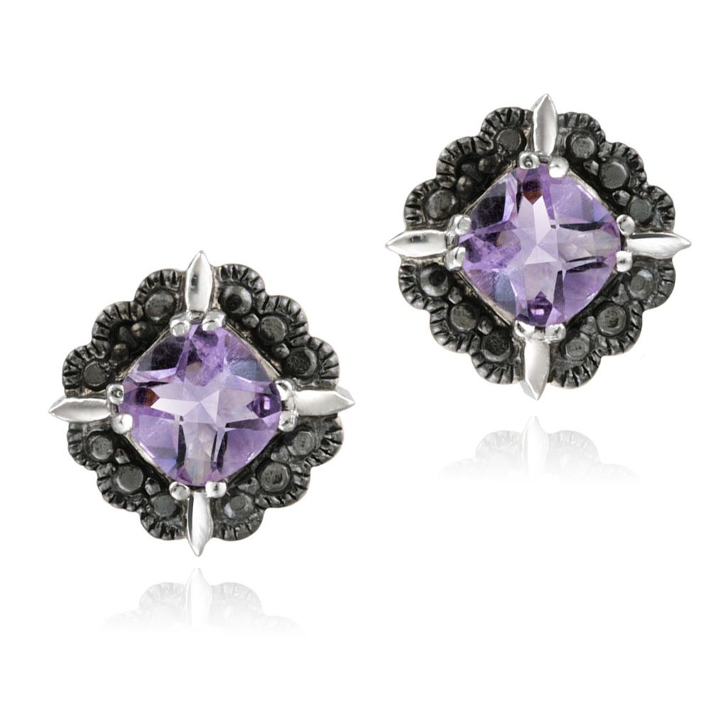 Amethyst & Black Diamond Accent Stud Earrings - Grocery