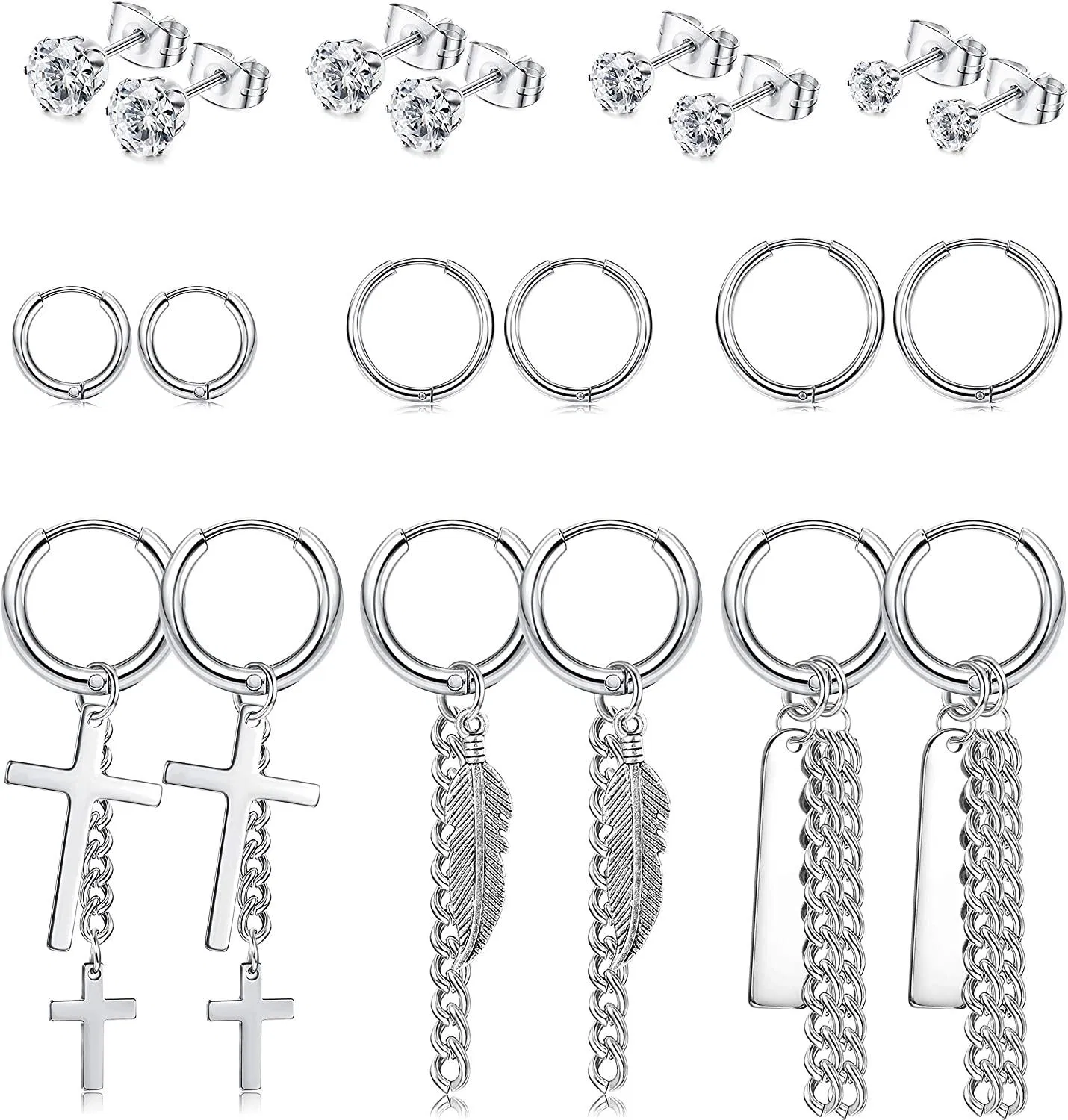 10 Pairs Stud Hoop Dangle Earrings for Men Women Black Hinged Bts Kpop CZ Earrings Set Stainless Long Chain Pendant Hoop Huggie Earrings Fashion - Grocery