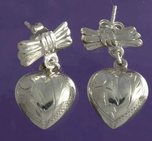 Sterling Silver Bow & Ribbon Heart Dangle Earrings - Grocery