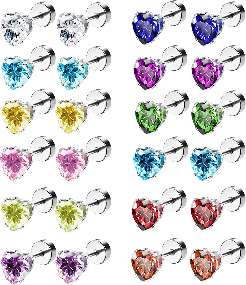 CZ Stud Earrings for Women Stainless Cubic Zirconia Cute Heart Earrings Screwback - Grocery