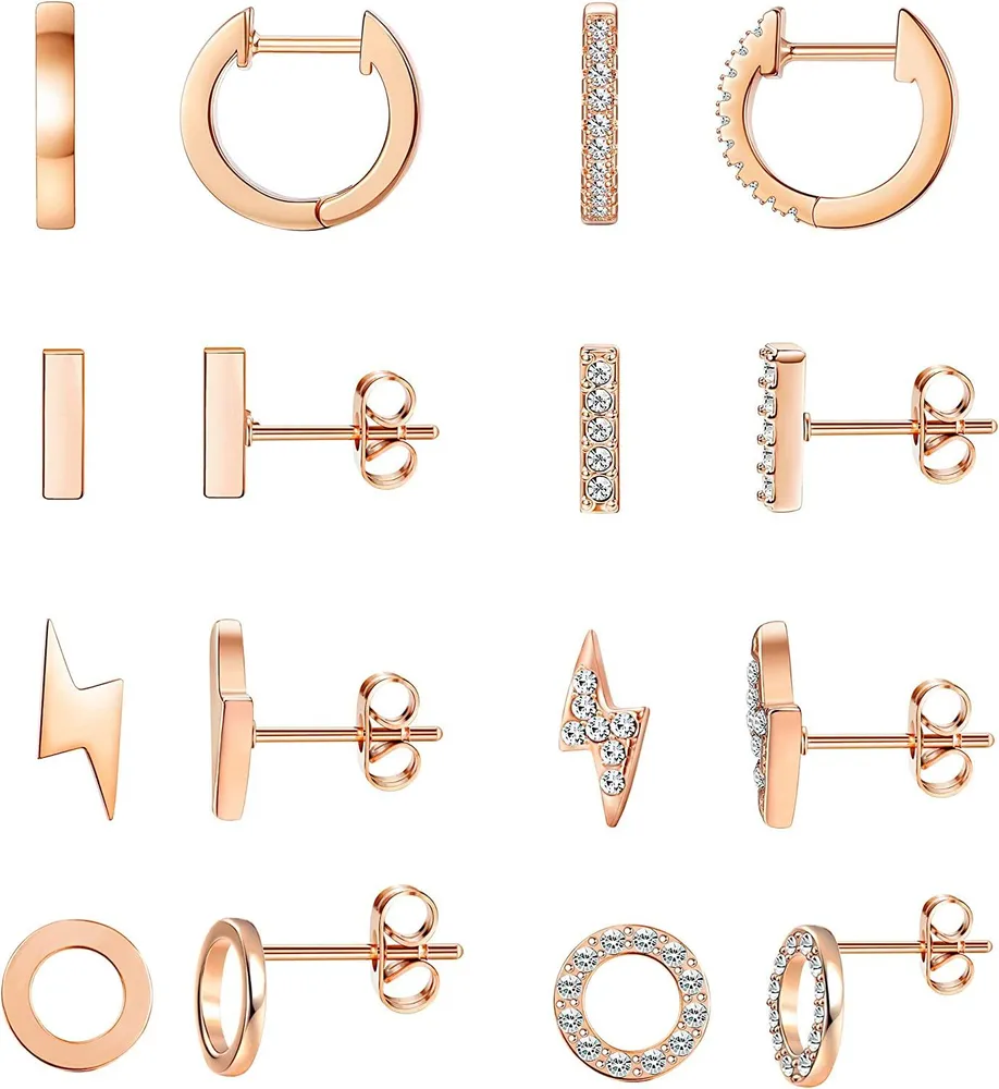 8 Pairs Stud Earrings Set Minimalist Cute Hoop Huggie Earrings Bar CZ Lightning Mini Earrings for Women Men - Grocery