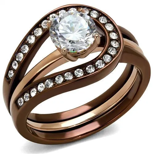 TK2032LC - IP Rose Gold & IP light Coffee Stainless Steel Ring with AAA Grade CZ in Clear - Grocery