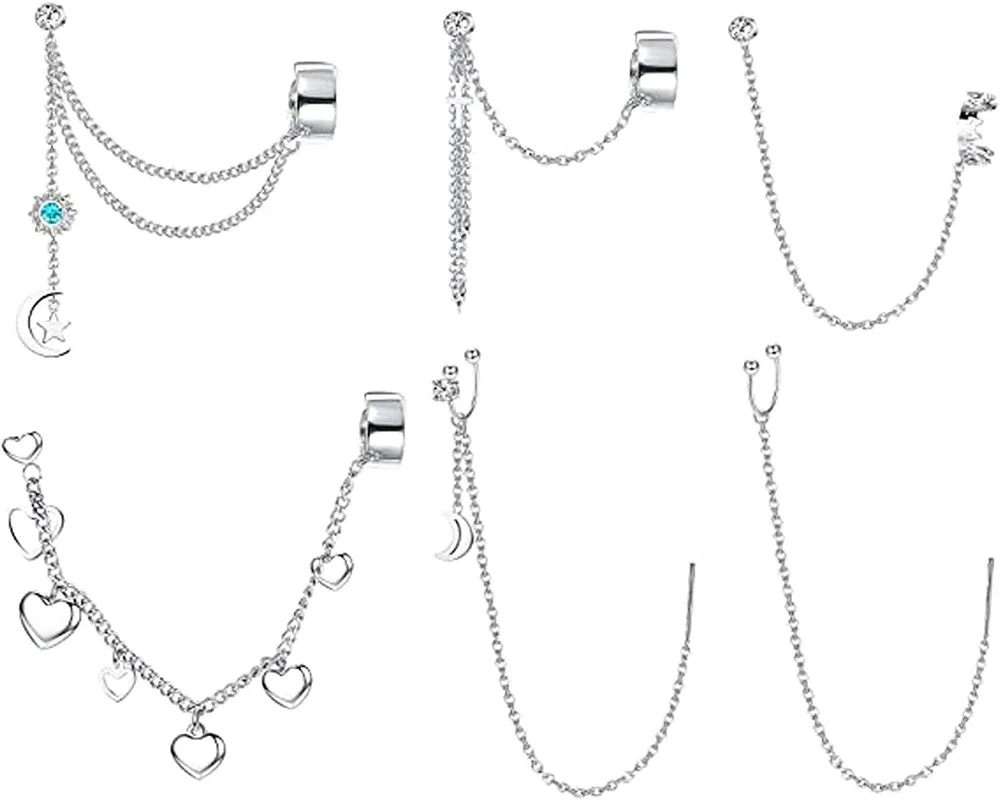 8Pcs Cuff Chain Earrings for Women Studs Moon Star Butterfly Tassel Ear Cuff Crawler Long Chain Climbers Drop Dangle Helix Cartilage Wrap Earrings - Grocery