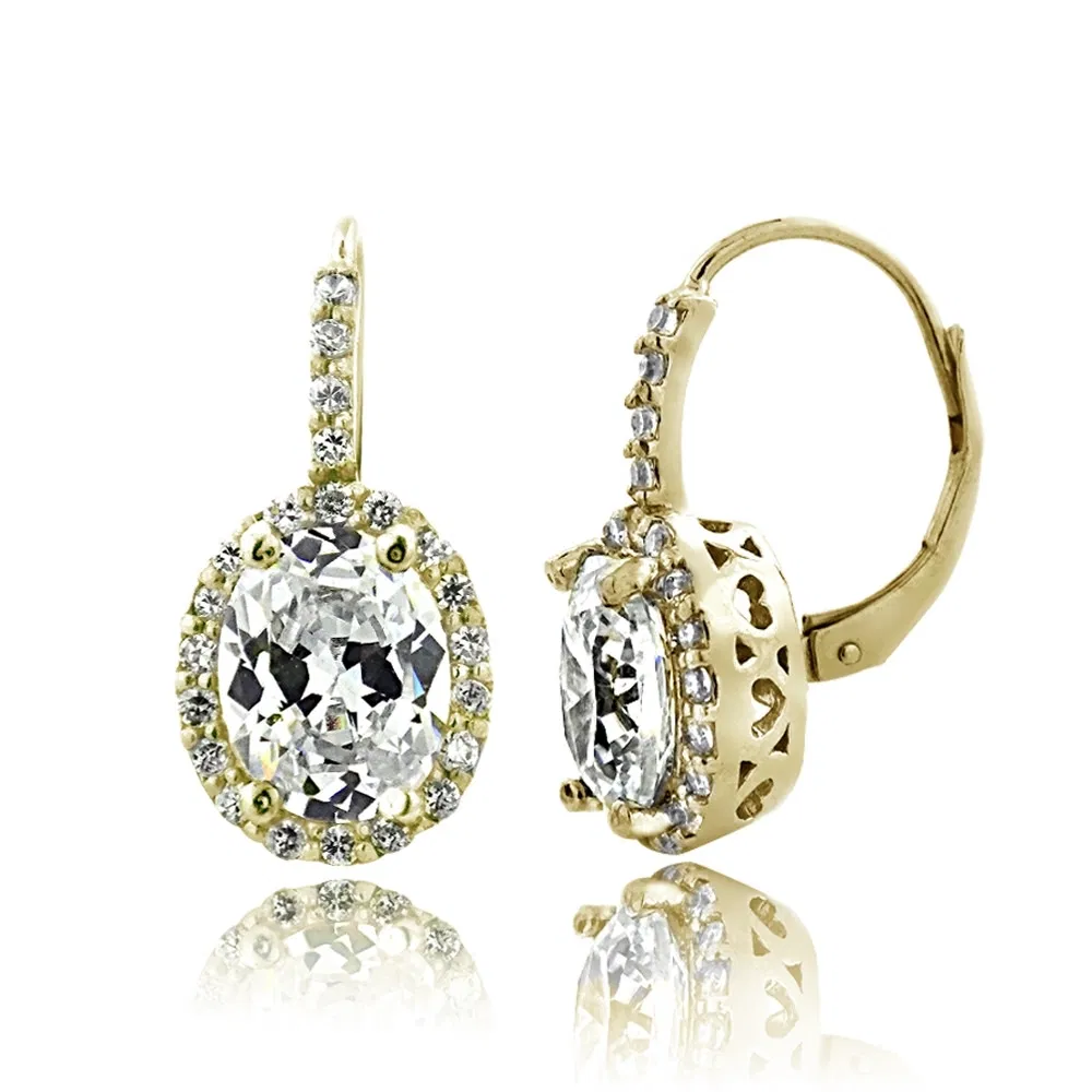 Gold Tone 4ct CZ Oval Halo Leverback Earrings - Grocery