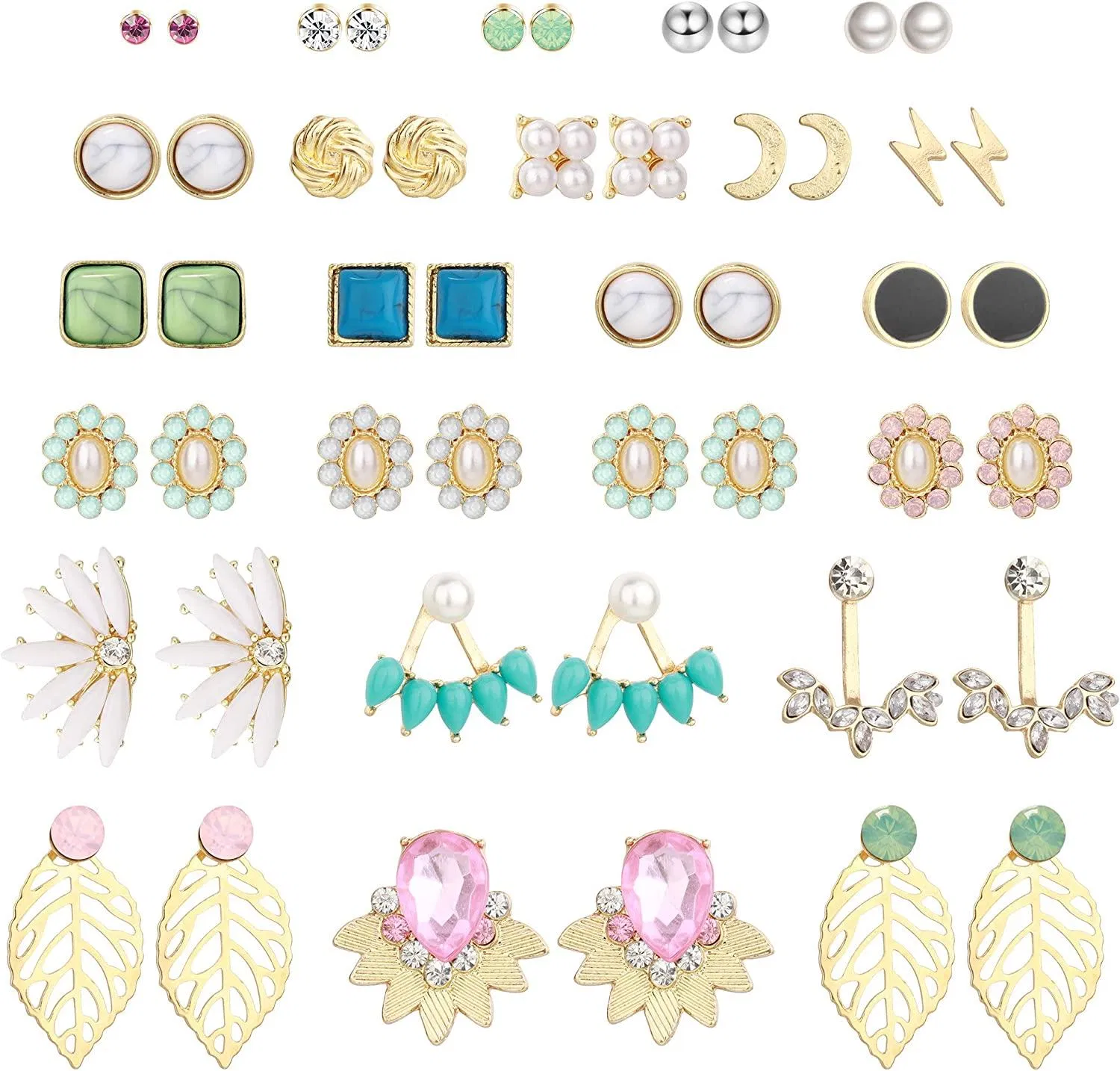 24 Pairs Assorted Stud Earrings for Women Ear Jacket Ball Cz Stud Earrings Set - Grocery