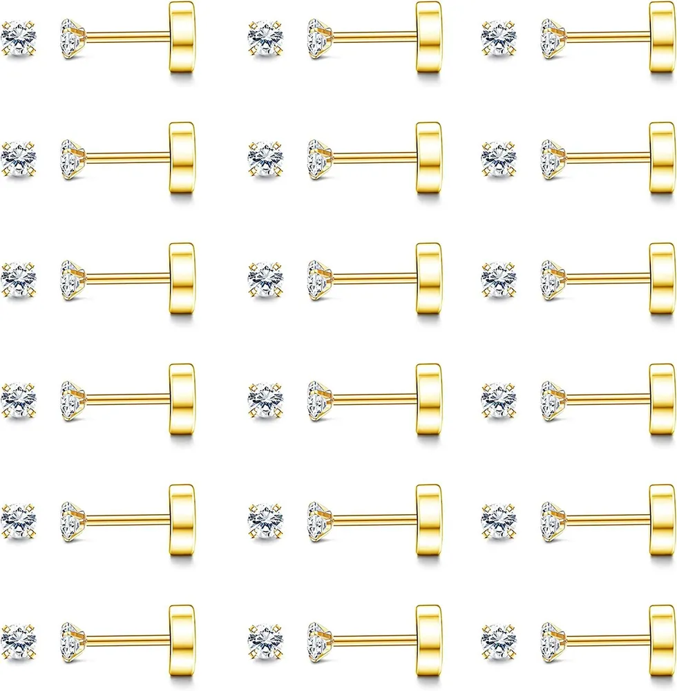 18 Pairs 20G 2mm Stainless Steel Cartilage Earrings For Men Women Screw Flat Back Earrings Tiny Stud Earrings Round Cubic Zirconia Tragus Earring Set - Grocery