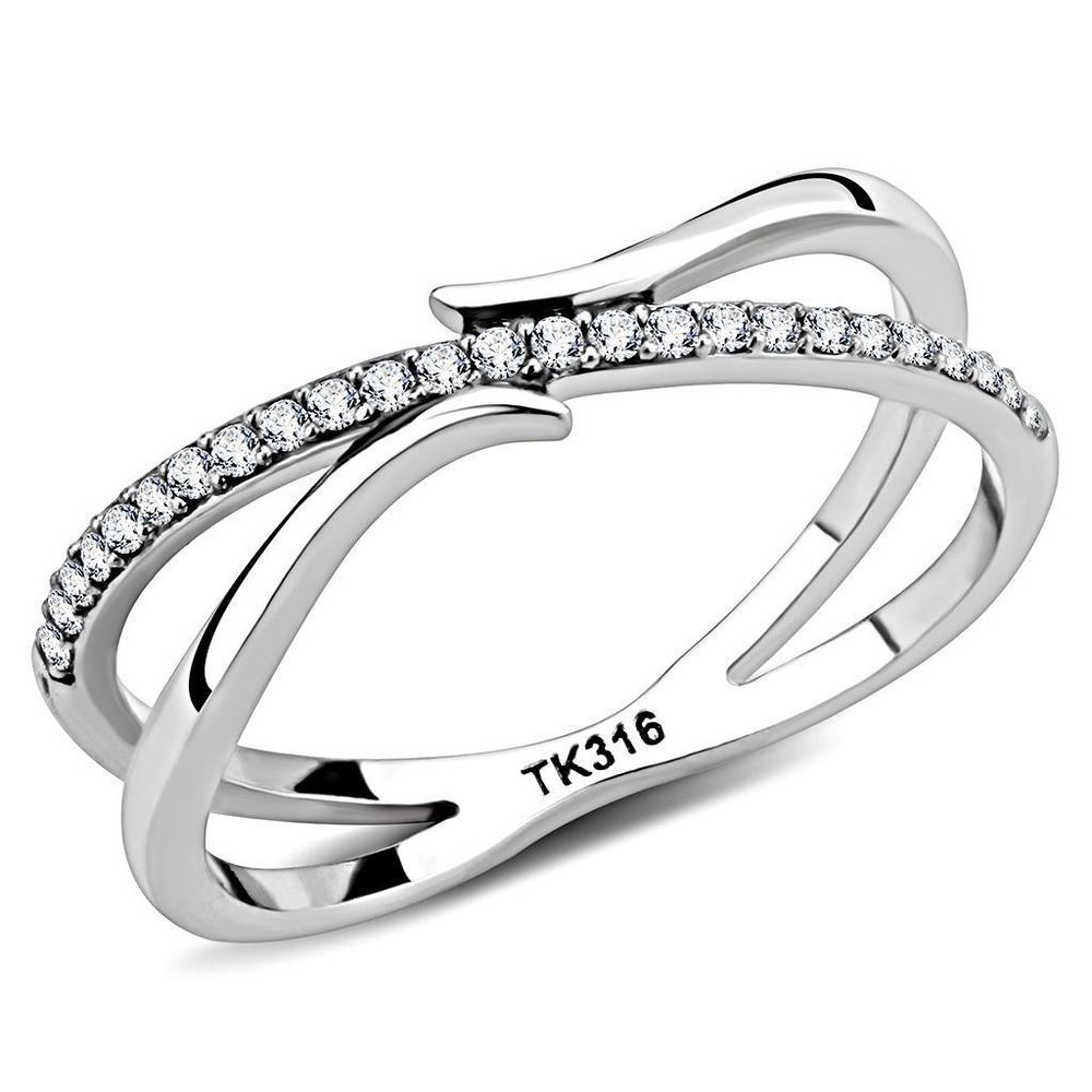 DA155 - High polished (no plating) Stainless Steel Ring with AAA Grade CZ in Clear - Grocery