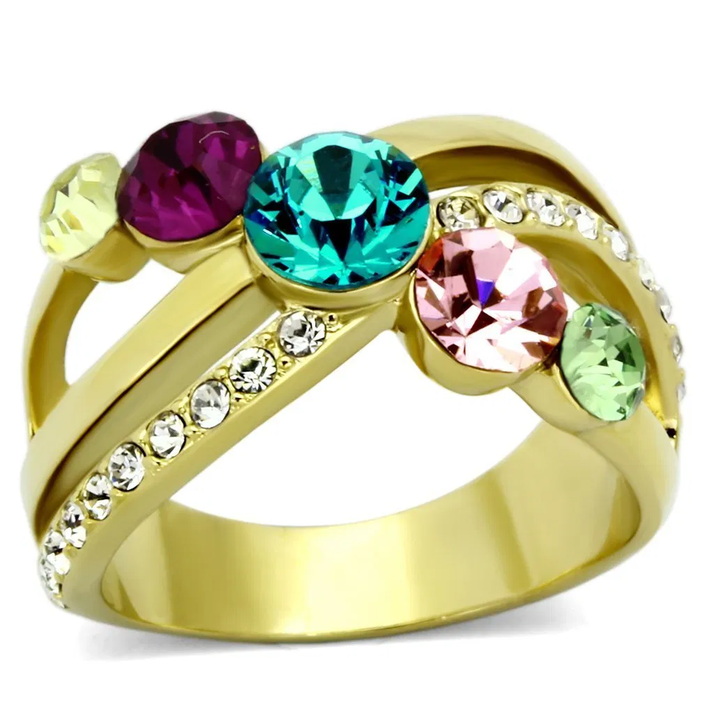 TK1031 - IP Gold(Ion Plating) Stainless Steel Ring with Top Grade Crystal in Multi Color - Grocery