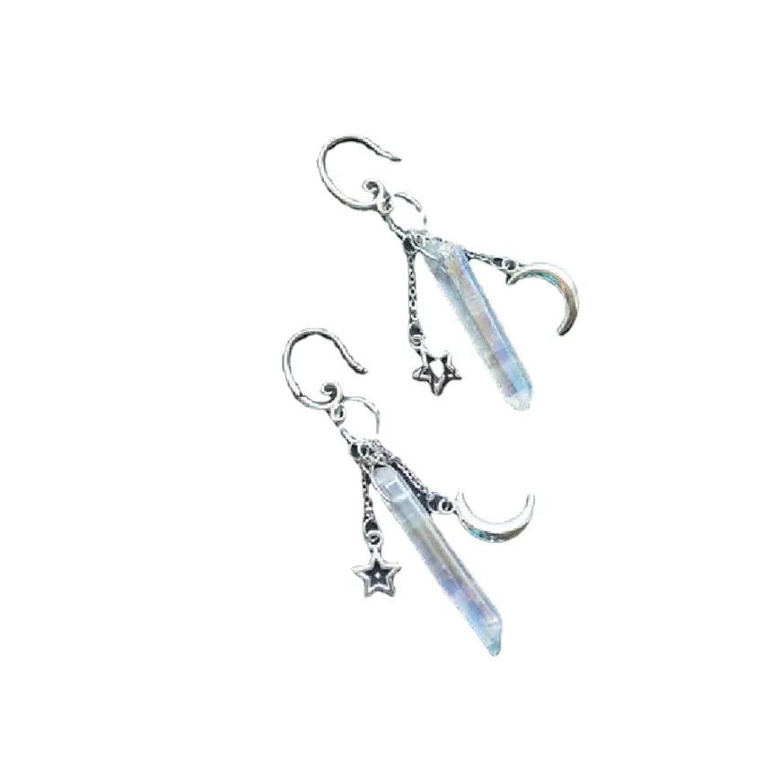 Irregular Natural Crystal Pendant Moon And Star Earrings - Grocery
