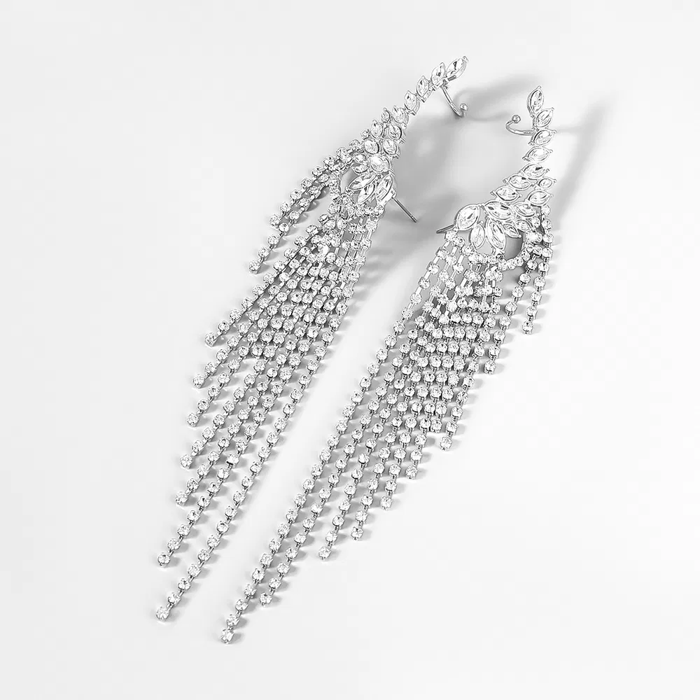 Exaggerated Alloy Diamond-studded Tassel Earrings - Grocery