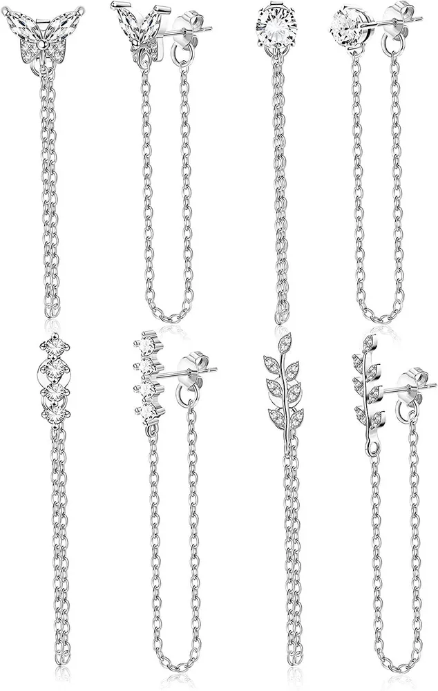 Chain Earrings Leaf Bar Butterfly CZ Stud Earrings with Chain Drop Dangle Earrings Plated Earrings for Women Men - Grocery
