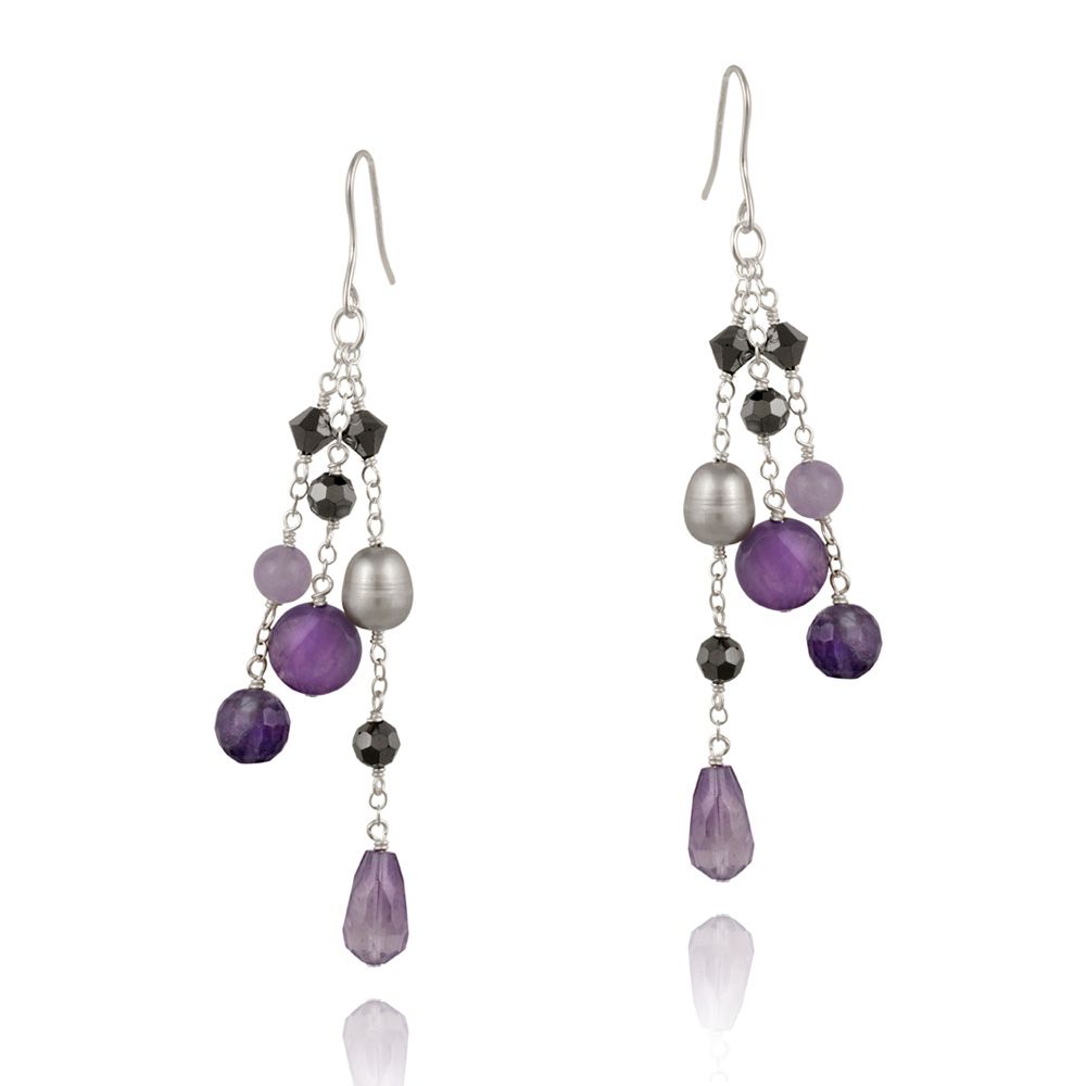 Sterling Silver Pearls, Pyrite, Crystal Hematite, Amethyst Stones & Beads Dangle Earrings - Grocery