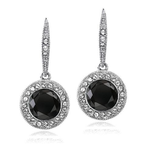Silver Tone Black & Clear Swarovski Elements Halo Dangle Lever back Earrings - Grocery