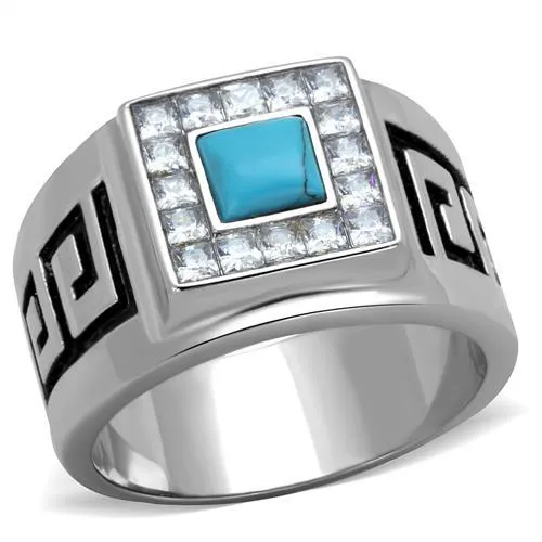 TK2053 - High polished (no plating) Stainless Steel Ring with Synthetic Turquoise in Sea Blue - Grocery