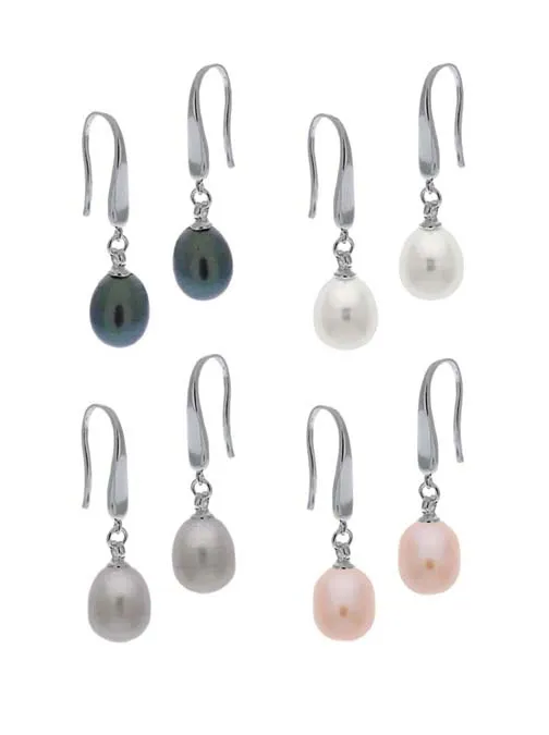 Sterling Silver 8-9mm Genuine Freshwater Cultured White, Pink , Grey, Peacock Dangle Earrings Set - Grocery