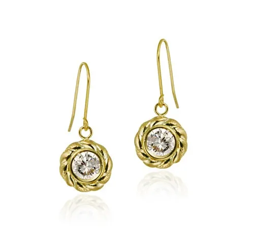 10K Gold CZ & Twisted Border Dangle Earrings - Grocery