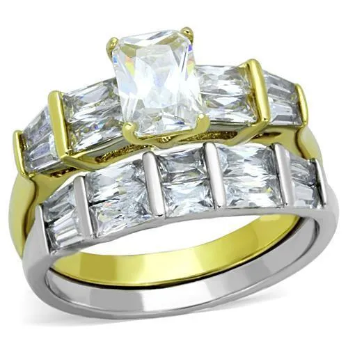 TK1708 - Two-Tone IP Gold (Ion Plating) Stainless Steel Ring with AAA Grade CZ in Clear - Grocery