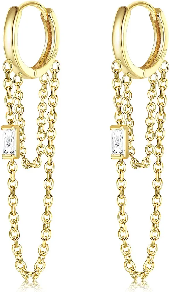 925 Sterling Silver Chain Hoop Earrings 18K Gold Plated Threader Dangle Earrings Cartilage Helix Huggie Cuff Earrings for Women - Grocery
