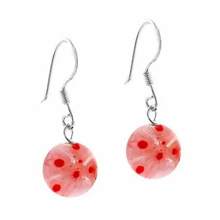 Sterling Silver Murano Glass Red Millefiori Round Dangle Earrings - Grocery