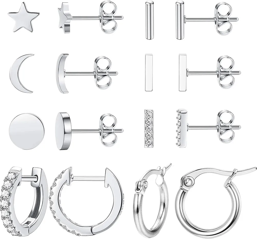 8 Pairs Stainless Star Moon Stud Earrings for Women Cute Bar CZ Stud Hoop Earring Set - Grocery