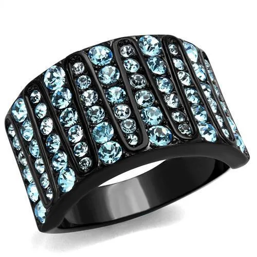 TK2198 - IP Black(Ion Plating) Stainless Steel Ring with Top Grade Crystal in Sea Blue - Grocery