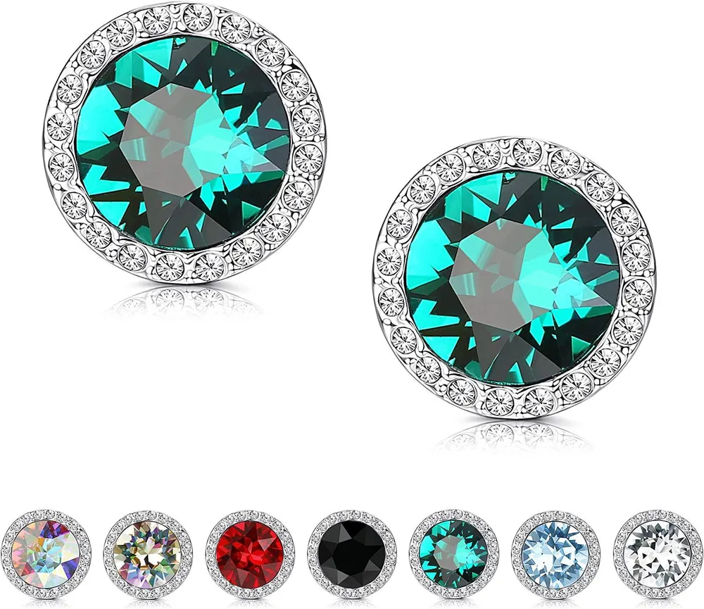 Sterling Crystals Stud Earrings for Women; Made of Austria Crystals; Round-Cut Rhinestone Halo Stud Earrings Hypoallergenic - Grocery