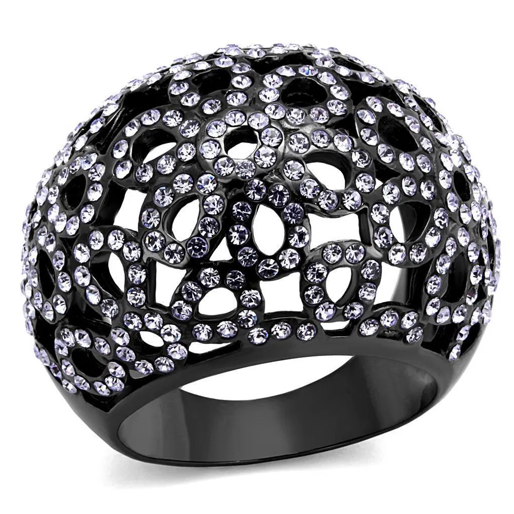 TK2642 - IP Light Black (IP Gun) Stainless Steel Ring with Top Grade Crystal in Tanzanite - Grocery