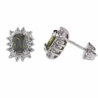 Sterling Silver Olive Green & White CZ Flower Stud Earrings - Grocery