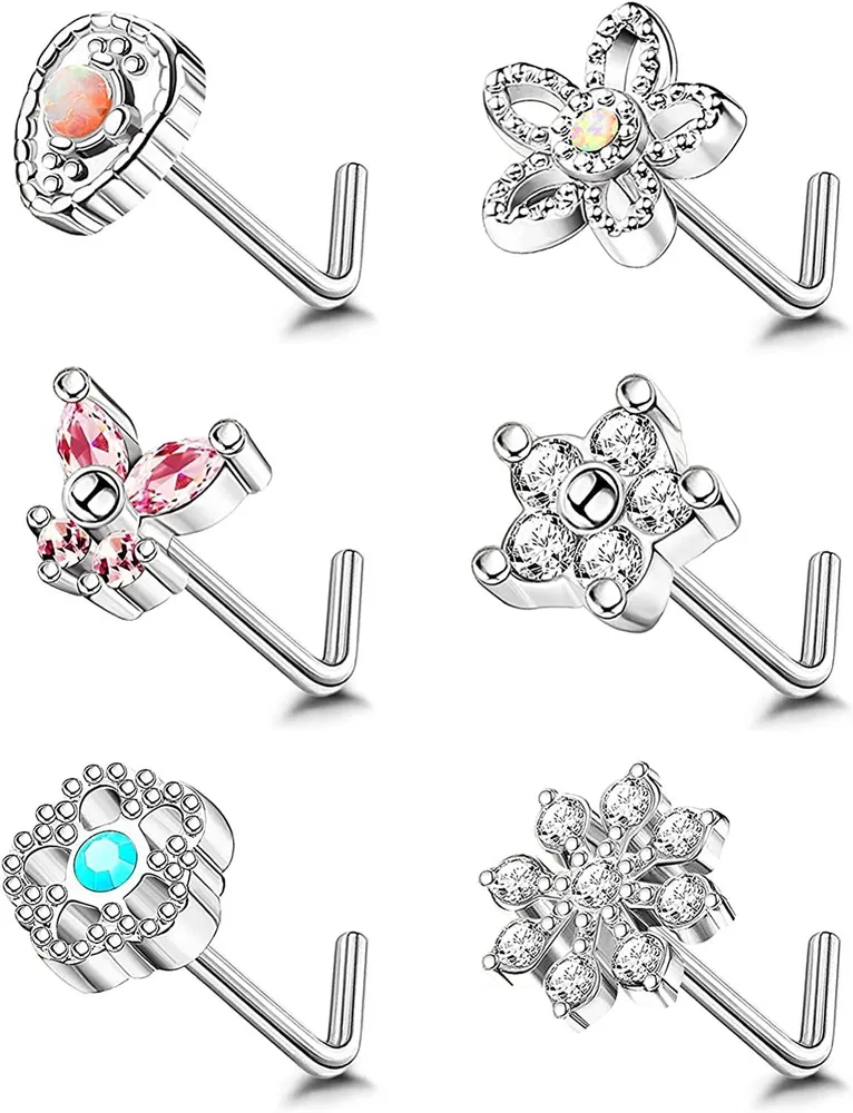 6Pcs 20G Stainless Steel Nose Rings Studs CZ L-Shape Butterfly Snowflake Flower Nose Studs Screw Rings Body Helix Piercing Jewelry - Grocery