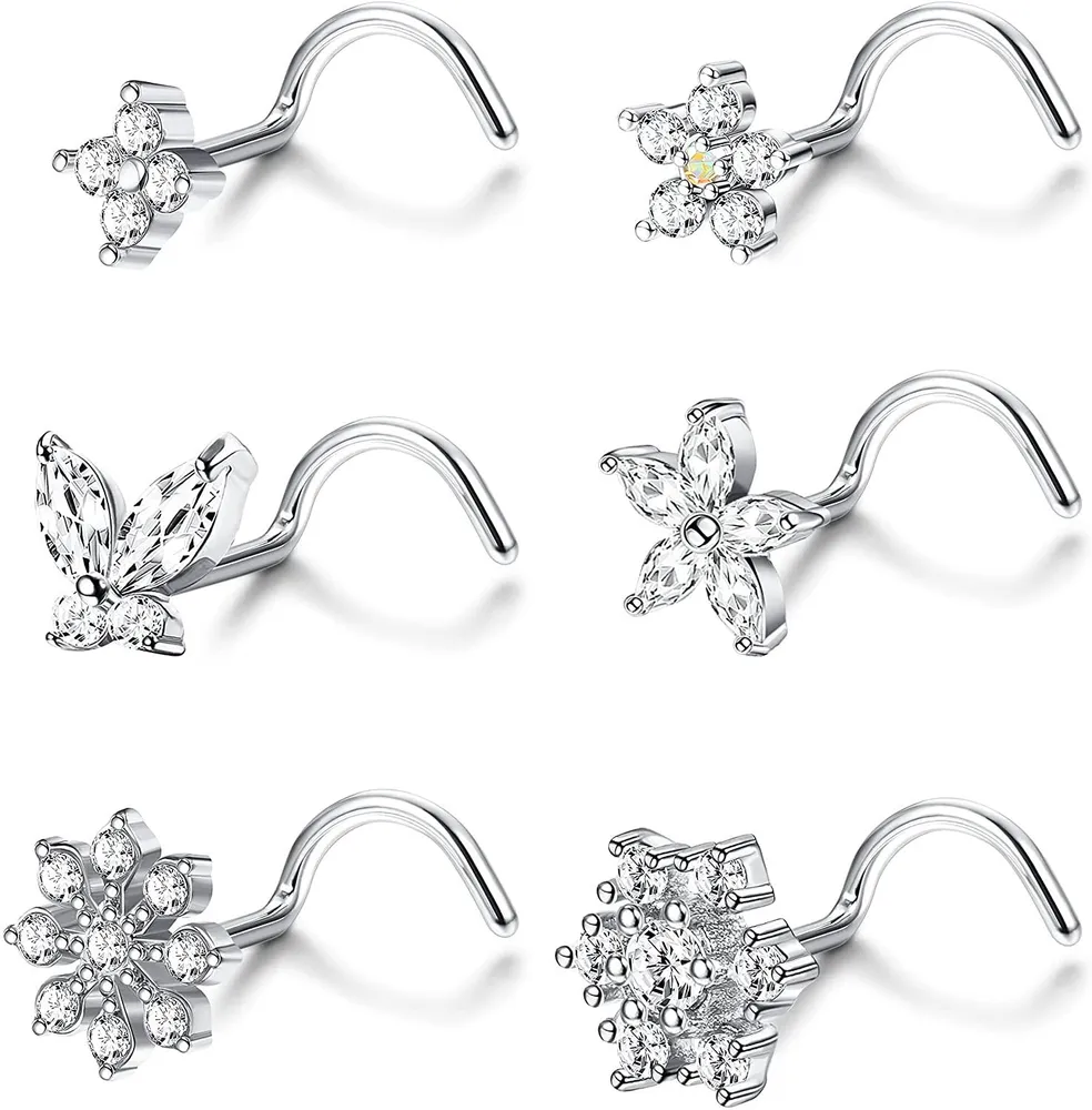 6PCS 20G Nose Ring Stud L-Shape Nose Rings Cubic Zirconia Butterfly Nose Screw Studs Rings Stainless Steel Flower Nose Piercing Ring - Grocery