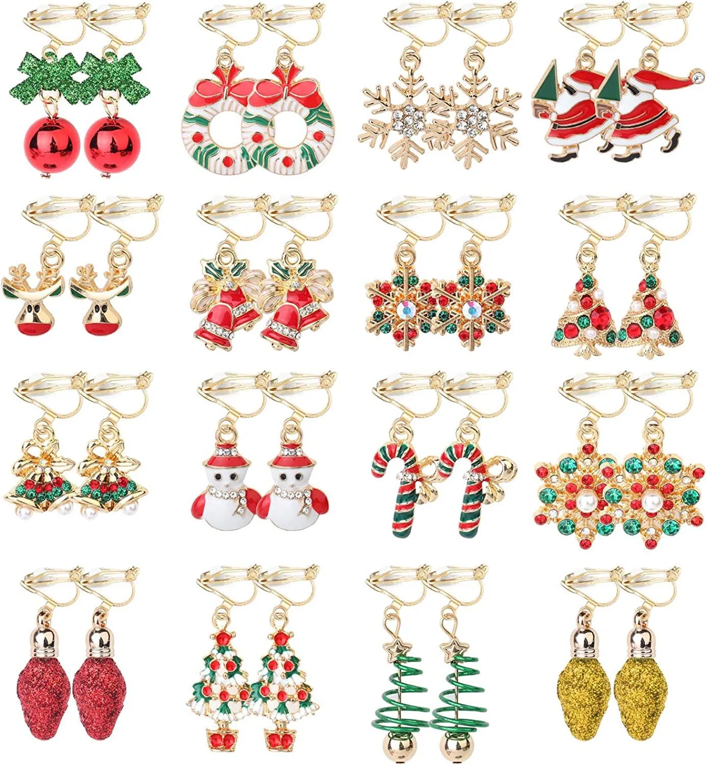 16 Pairs Christmas Assorted Clip on Earrings for Women Xmas Tree Bell Santa Elk Snowflake Drop Dangle Earrings Set - Grocery