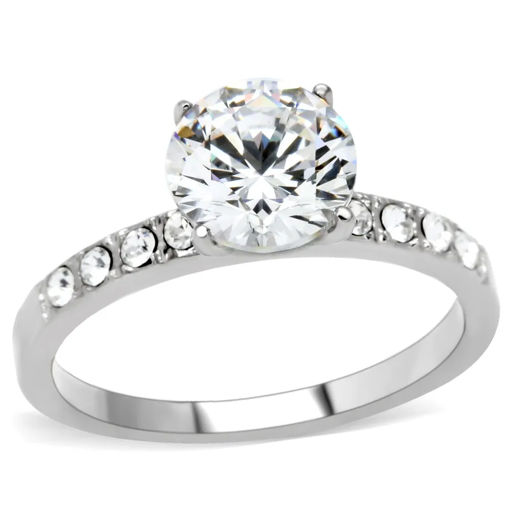 TK198 - High polished (no plating) Stainless Steel Ring with AAA Grade CZ in Clear - Grocery
