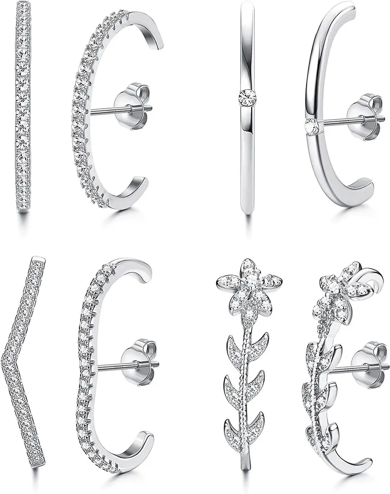 4 Pairs Suspender Earrings for Women CZ Ear Lobe Cuff Stud Earrings Minimalist Suspension Hoop Earring Set - Grocery