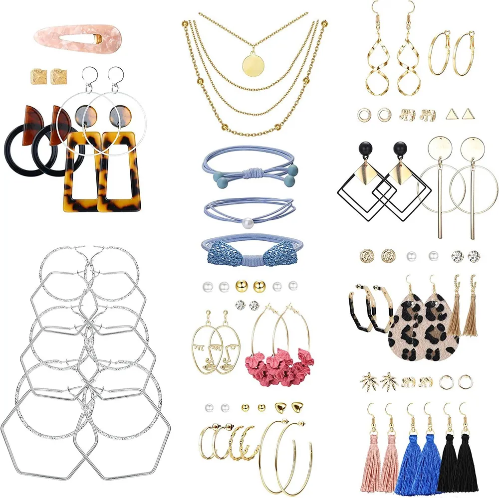 Fashion Earrings Set for Women Bohemian Tassel Earrings Set Acrylic Geometric Earrings Faux Pearl Hoop Earrings Layered Necklace Hair Clip for Women - Grocery