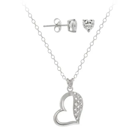 Sterling Silver CZ Floating Heart Pendant & Stud Earrings Set - Grocery