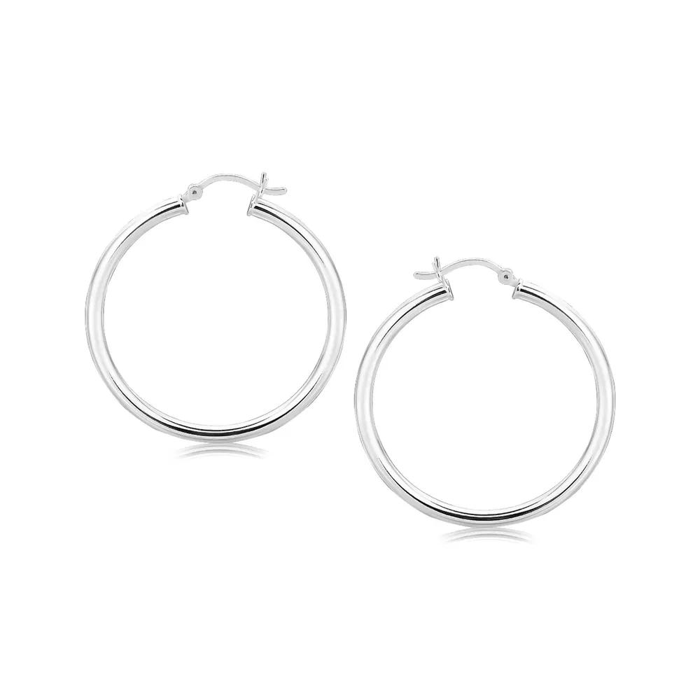Sterling Silver Rhodium Plated Polished Motif Hoop Earrings (3x35mm) - Grocery
