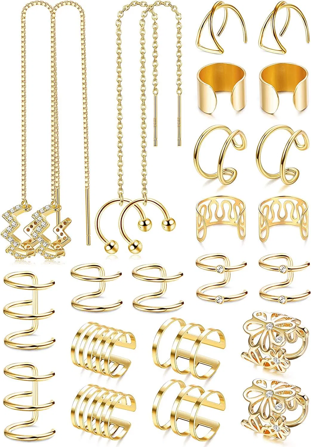 12 Pairs Wave Cuff Chain Earrings Helix Cartilage Clip On Wrap Earrings Stainless Non Piercing Earrings Set - Grocery