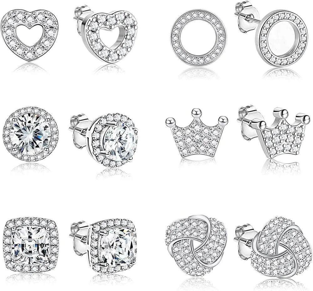 6 Pairs Halo Stud Earrings For Women 18K White Gold/Rose Gold Plated Round Square Knot Crown Love Circle Cubic Zirconia Brillant Cut Earrings - Grocery